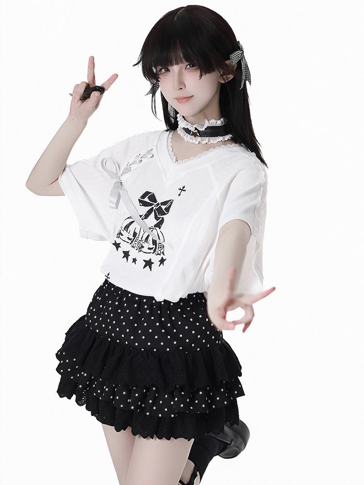 Free Choker T-Shirt White V-Neck Lace-up Detail Blokecore Graphic with