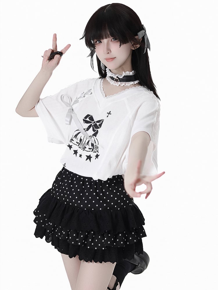 Tiered Polka-dot Skirt Bloomers Lining Black Elastic Waist Lace Trim