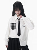 Pocket Shirt Patch White Plaid Buckle with Long Sleeve Tie Utility