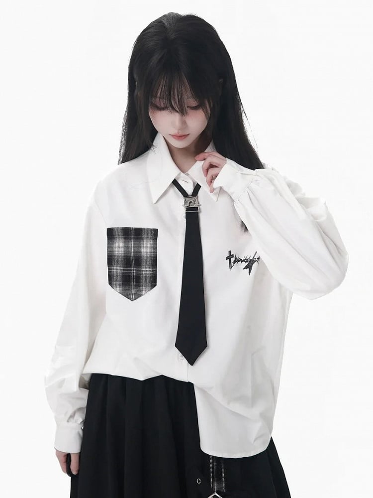 Pocket Shirt Patch White Plaid Buckle with Long Sleeve Tie Utility