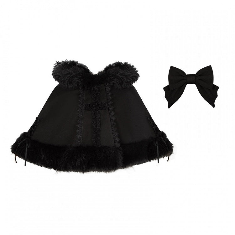Cape Winter Black with Cat Ear Faux Fur Lolita Trim Hooded