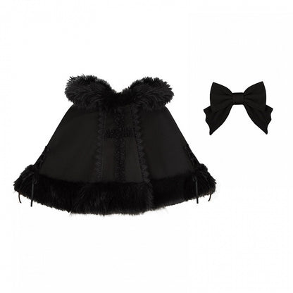 Cape Winter Black with Cat Ear Faux Fur Lolita Trim Hooded
