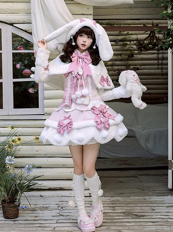 Rosa-weißer Umhang mit Pompons, Lolita-Häschenschleifen und Ohren mit Kapuze