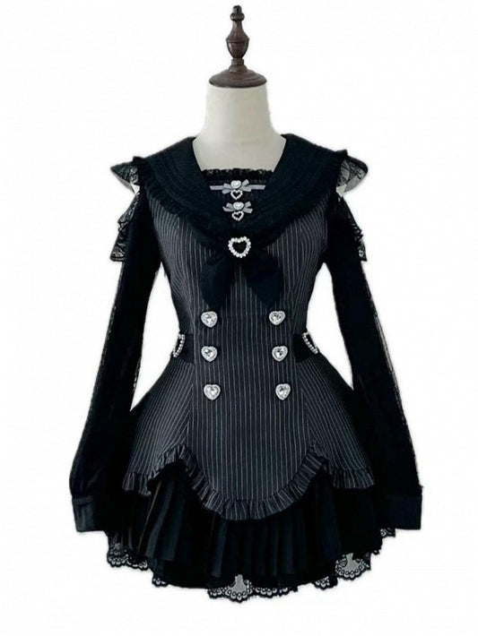 Striped Jirai Kei Two-Piece Set with Sailor Collar Cutout Shoulder Pleated Dress and Shorts in Black - Broken Bear