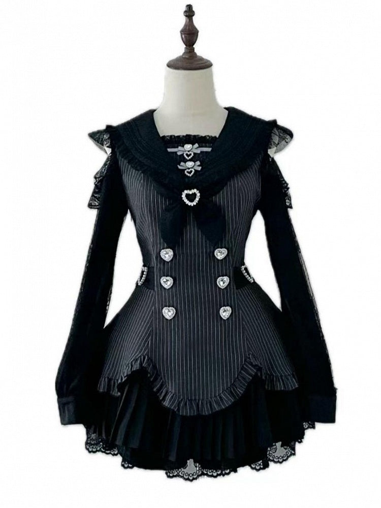 Striped Jirai Kei Two-Piece Set with Sailor Collar Cutout Shoulder Pleated Dress and Shorts in Black - Broken Bear