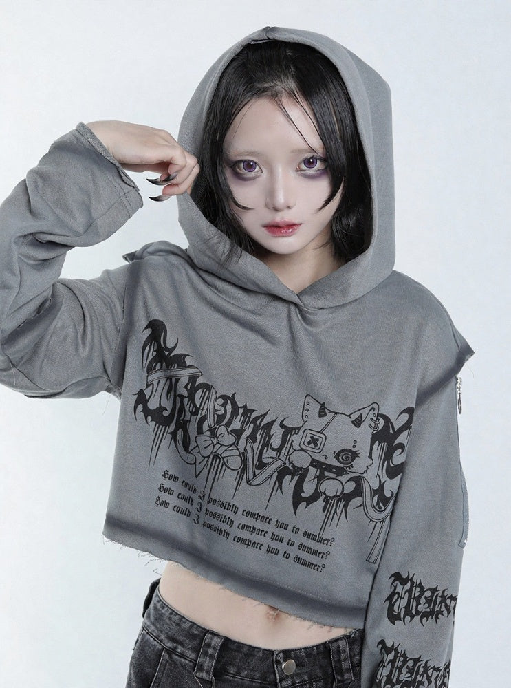 Dark Style Grey Cat Symbol Graphic Cropped Hoodie with Shoulder Zip Design - Tribuo Flos