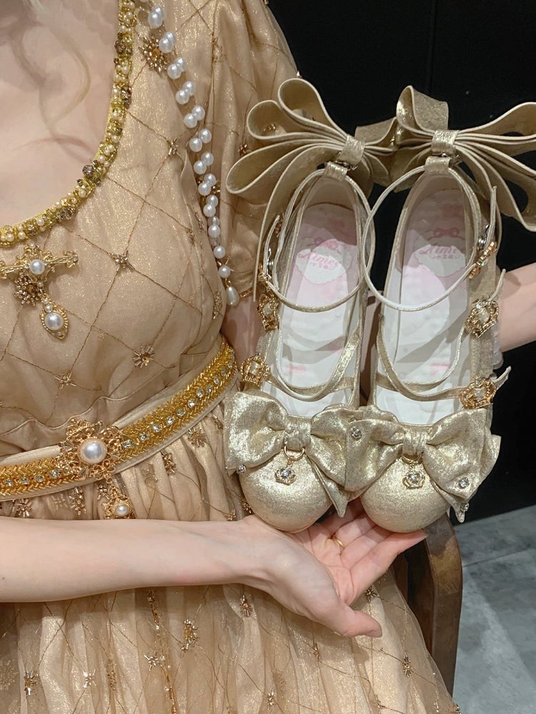 Gold Sparkling Satin Hanayome Lolita 8.5cm High Heels with Crown Buckle, Bowknot and Crystal Accents - Aimee