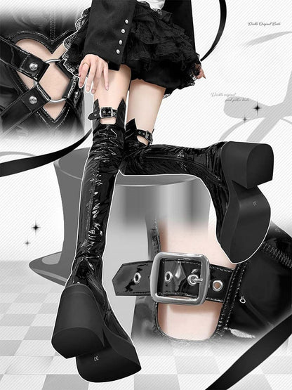 Polierte schwarze Gothic Overknee-Stiefel mit herzförmigem Cutout-Detail