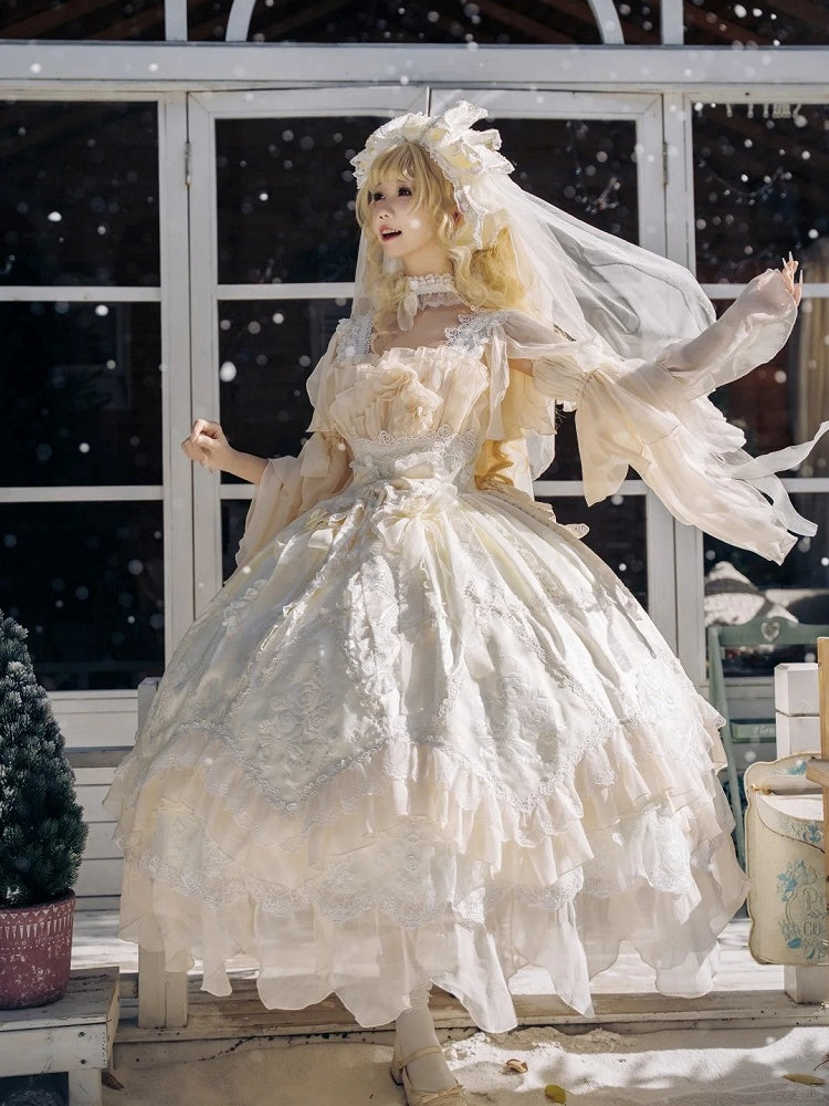 Lolita Dress JSK Ruffles Flowing Hanayome Yellow Version Rose Layered Accents with Long Light