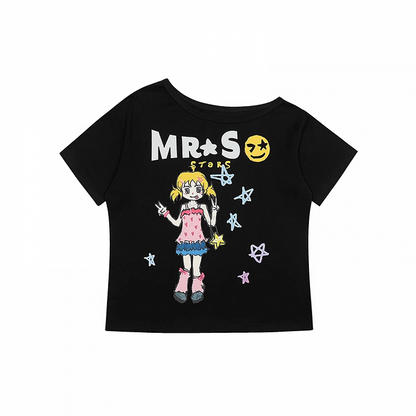 Bedrucktes schwarz-weißes T-Shirt mit asymmetrischem Ausschnitt und Vintage-Cartoon-Print