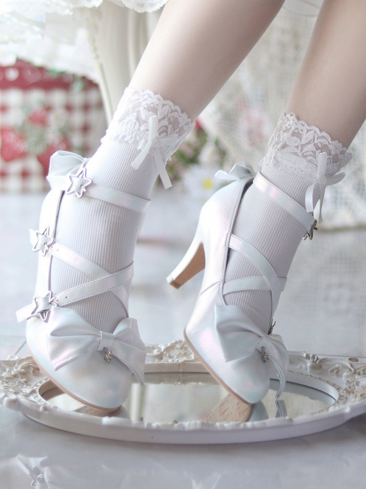 Star High White Sweet Lolita Schnallen Crisscross Straps mit - Akzente Heels Schleife