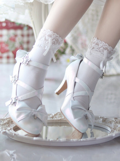 Star High White Sweet Lolita Schnallen Crisscross Straps mit - Akzente Heels Schleife