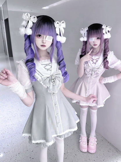 Set aus rosa/hellblauen Shorts mit Schleife hinten, Matrosenkragen, selbstbindendem Minikleid + gerüschtem hellem Saum, Jirai Kei