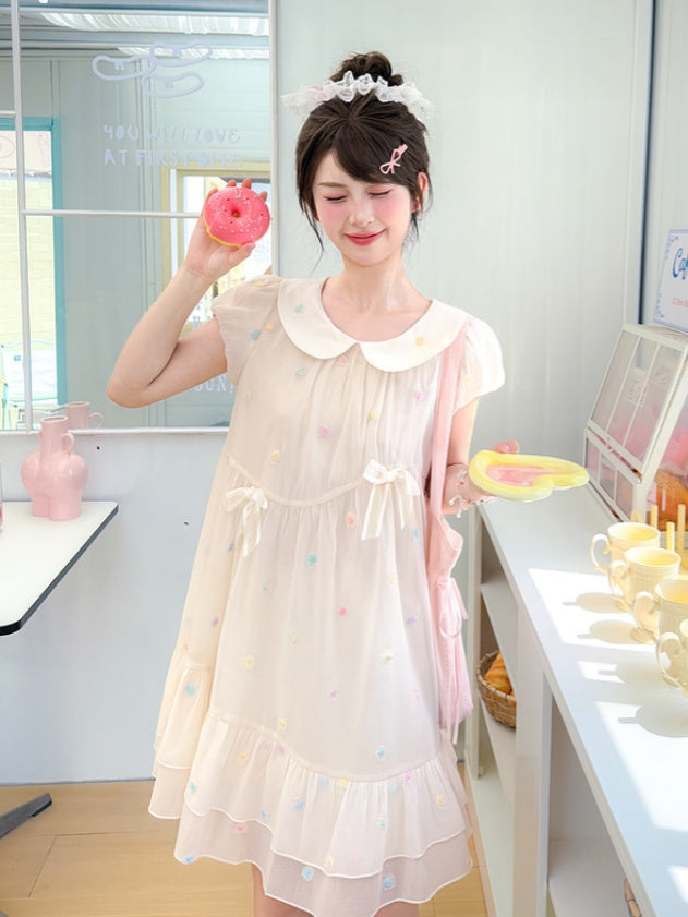 Muster Bunte Polka-dot Weiß Peter Pan Kragen Puffärmel Chiffon Kleid