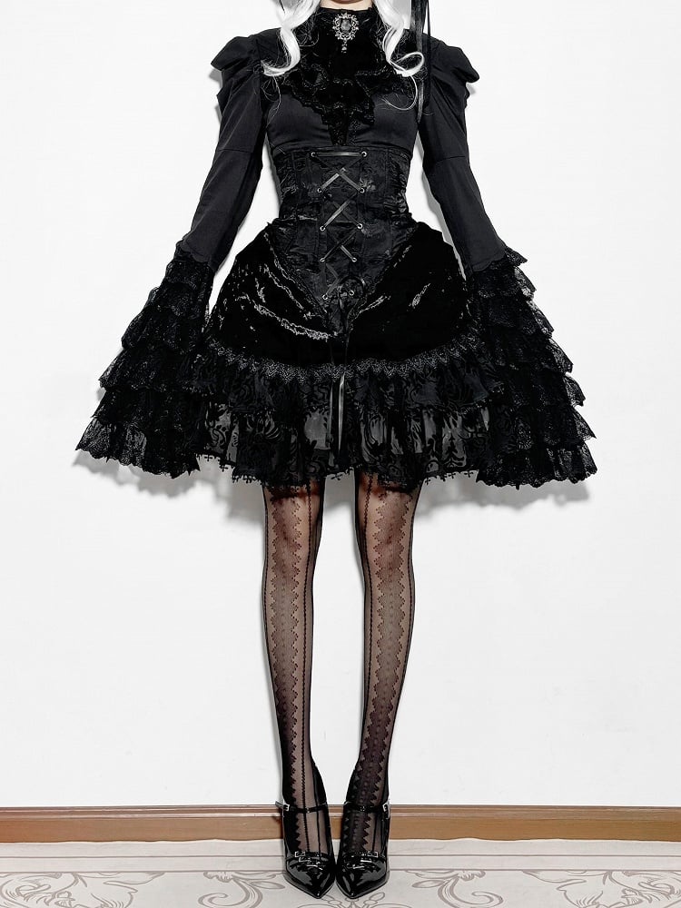 Long Sleeves Shirt Gothic High Boned Black Set All Lolita - Bell + Full Tie Mini Hat Jabot Skirt Waist