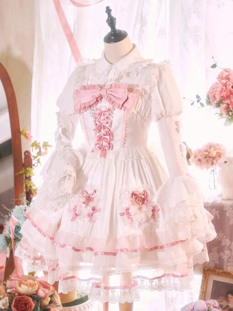 White and Pink Bowknot Details Tiered Skirt Sweet Lolita Dress Jumper Skirt