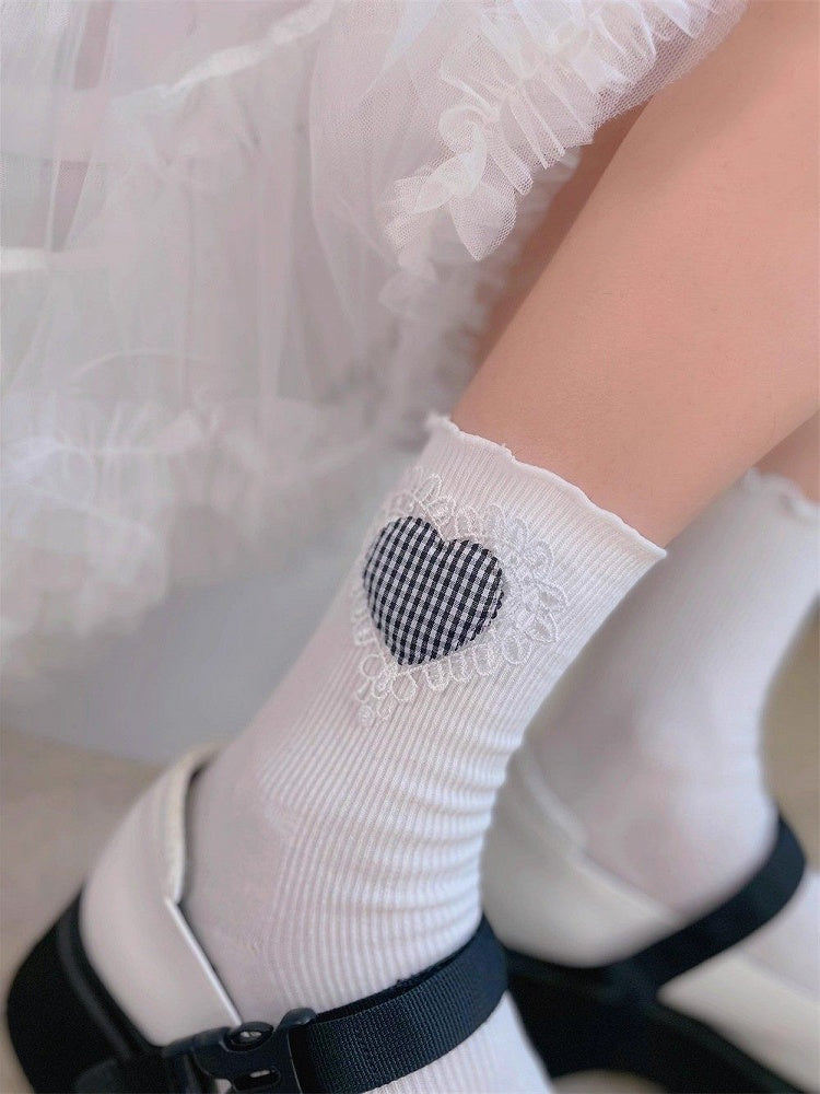 Heart Lolita Style Gingham Socks (White)