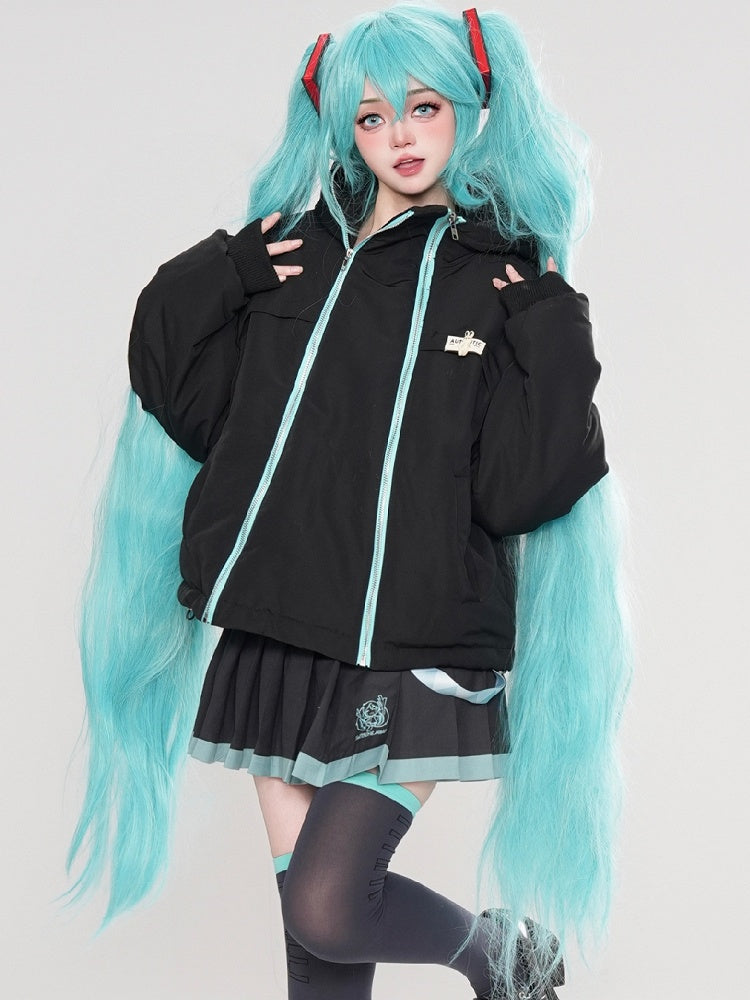 Black/Pink Zips Cat Ears Hood Thick Zip Hoodie