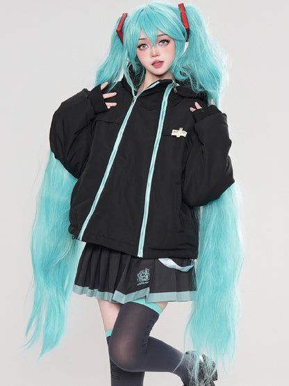 Black/Pink Zips Cat Ears Hood Thick Zip Hoodie