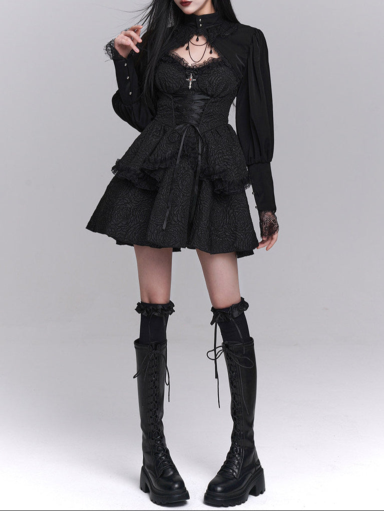 All Black Gothic Lolita Full Set – Halter Lace Top + Cropped Bolero + Boning Corset Skirt | The First Witch