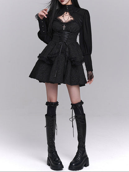 All Black Gothic Lolita Full Set – Halter Lace Top + Cropped Bolero + Boning Corset Skirt | The First Witch