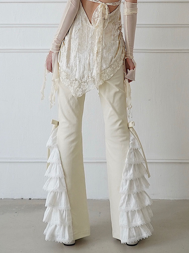 White Tiered Lace Patches Cuffs Flared Pants