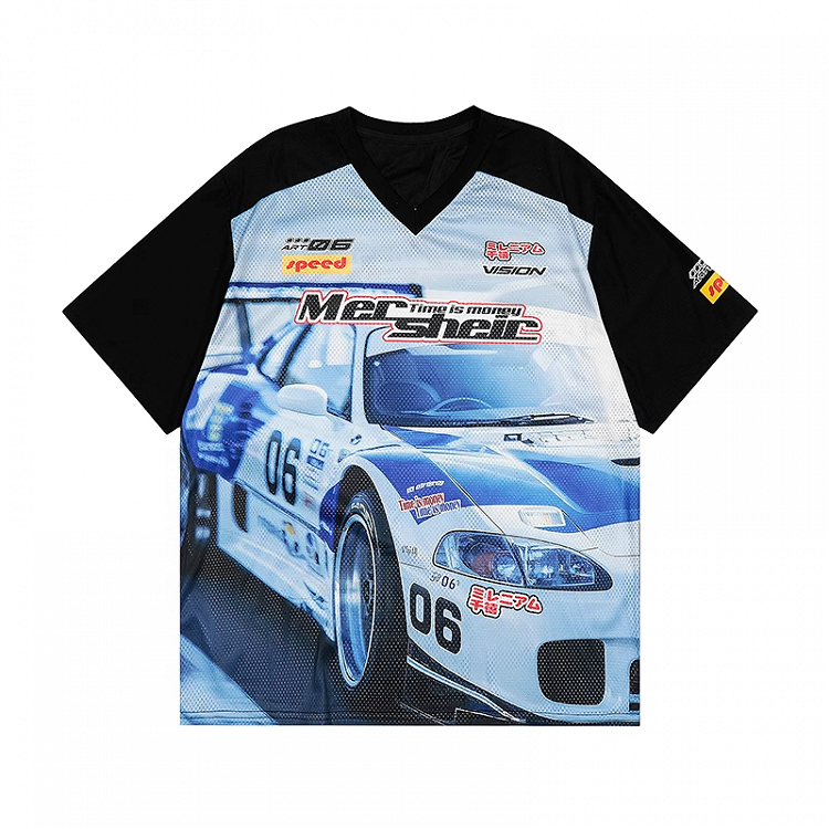 Blau Schwarz und T-Shirt Colorblock V-Ausschnitt Racing Print Loses Design
