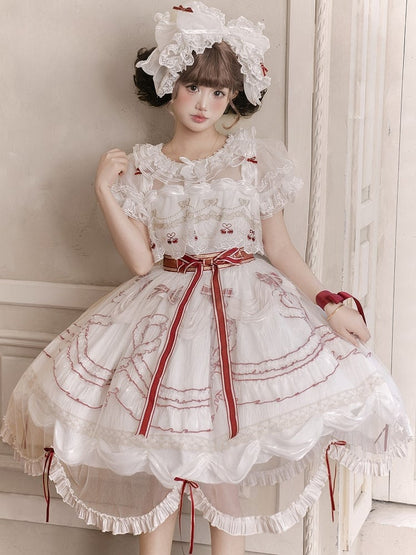 Bowknots Scalloped Red White Edge and Dress Cherry Lolita Embroidered with Overlay Trim Hime