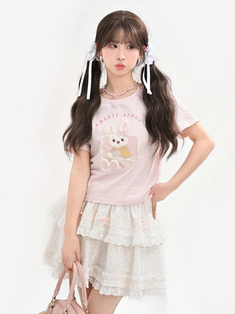 Pink Yume Adorable T-Shirt Bunny Applique Round Neck Kawaii