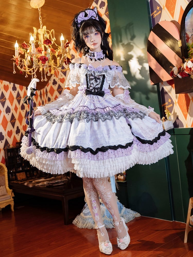 KC Wrist Cuffs Lolita Full Shoulder Choker Veil Set + Dress Mini Off Hime Purple Hat