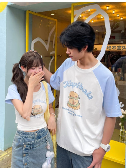 Blue Colorblock Design Capybara Burger Print T-Shirt Long/Short Version