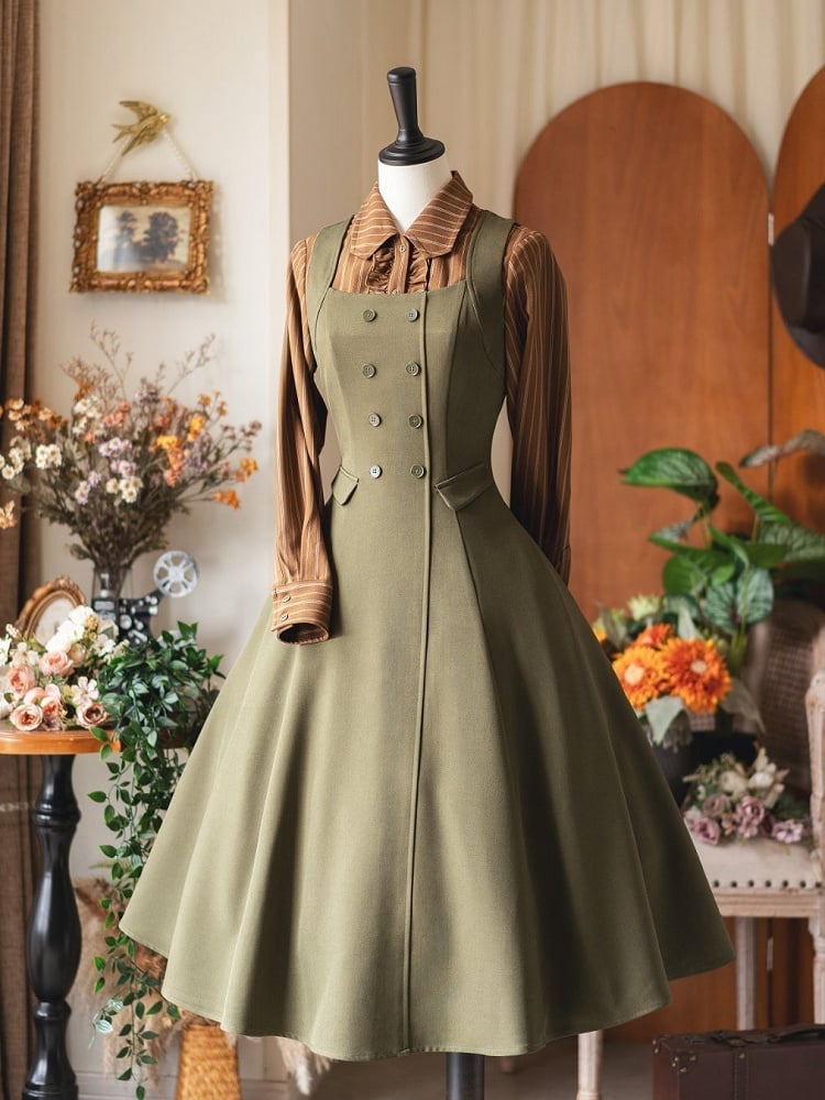 Retro Green Waist Olive Lacing Fashion and Midi Cinched Dress with Elegant Back