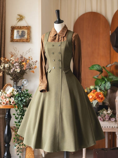Retro Green Waist Olive Lacing Fashion and Midi Cinched Dress with Elegant Back