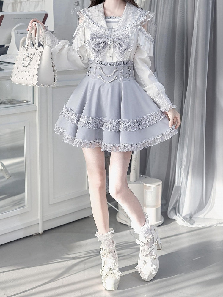 Sailor Collar Blouse with Bow Tie in Blue - Ekomi