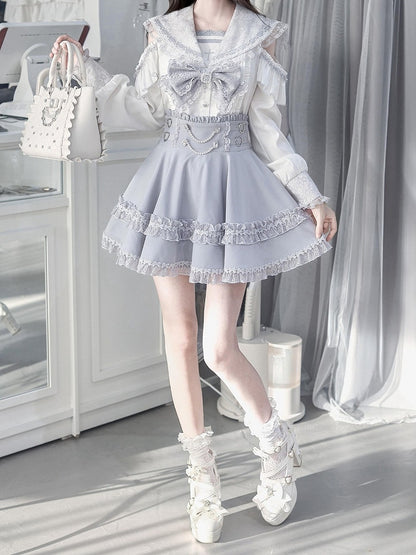 Sailor Collar Blouse with Bow Tie in Blue - Ekomi