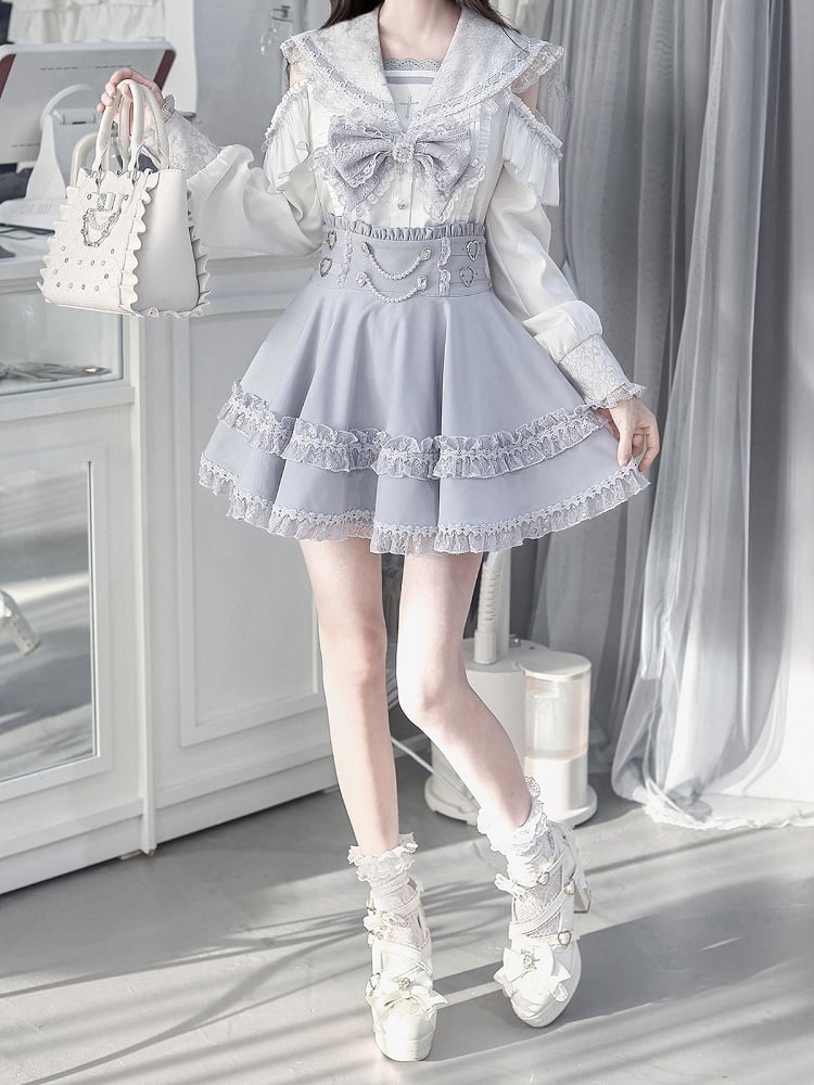 High-Waisted Skirt with Bead Chain and Lace - Ekomi