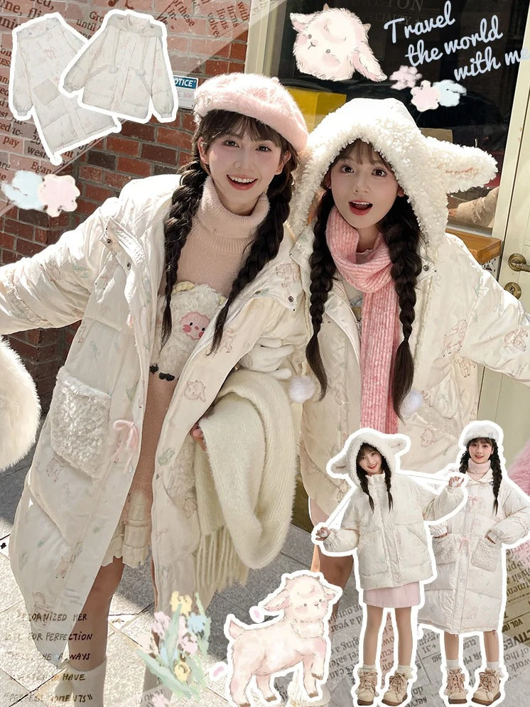 Süße weiße Daunenjacke mit Kapuze und Lamm-Print, kurze/lange Version