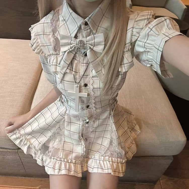 Strap Dress with Kei White Panels Lace Plaid Jirai and Buckle Waist Set: Shorts Illusion