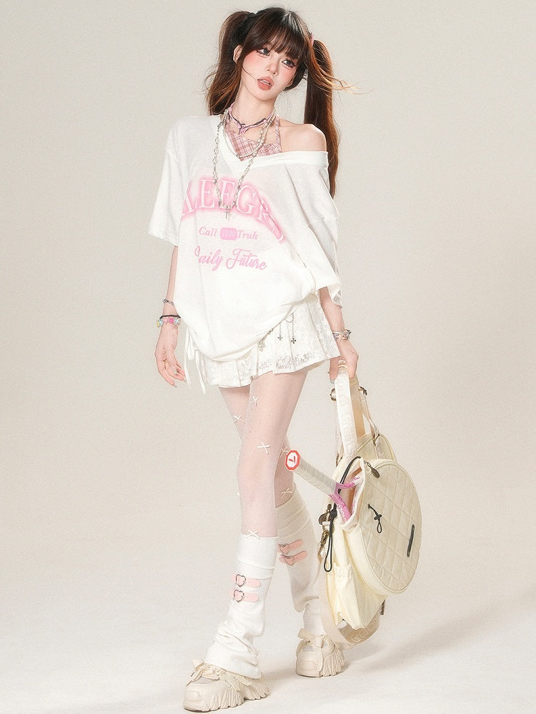 ツーピース ホルターネック ホワイト/ブラック フェイクカワイイ デイリーTシャツ