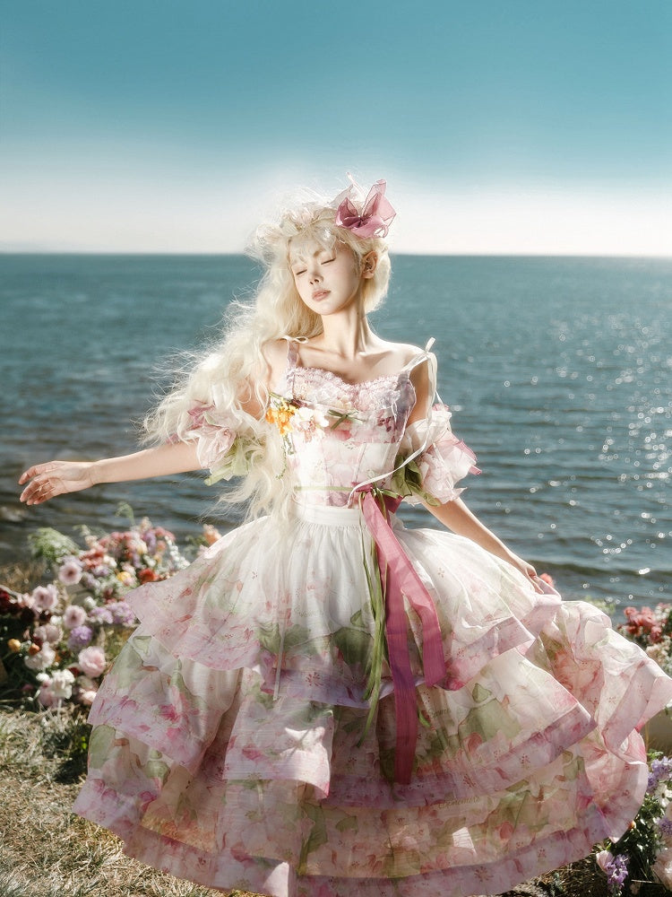 Pink Rhododendron Print Lolita Three Layers High-low Skirt - Deer-seeking Letter Lolita