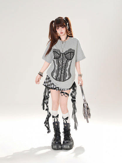 Graues, lockeres T-Shirt mit Rundhalsausschnitt und Spitzenkorsett-Design