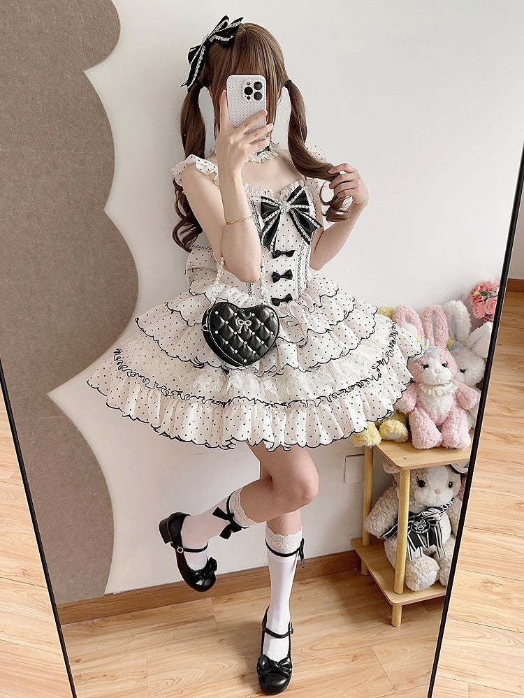Sweet Lolita Polka Dot Dress with Versatile OP/JSK Design and Tiered Hem White