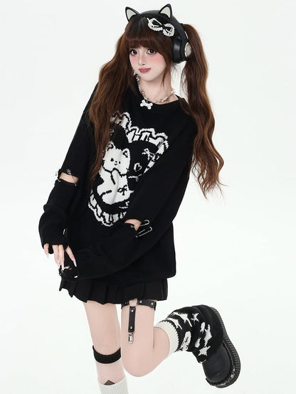 Black Striped Bunny Ears Hooded V-neck Cardigan