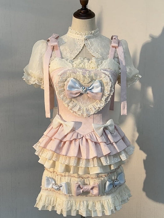 Full + Bow Sweet - Cami Skirt Blue Sleeves Pink Accents Lolita Puff and Cropped Top Set