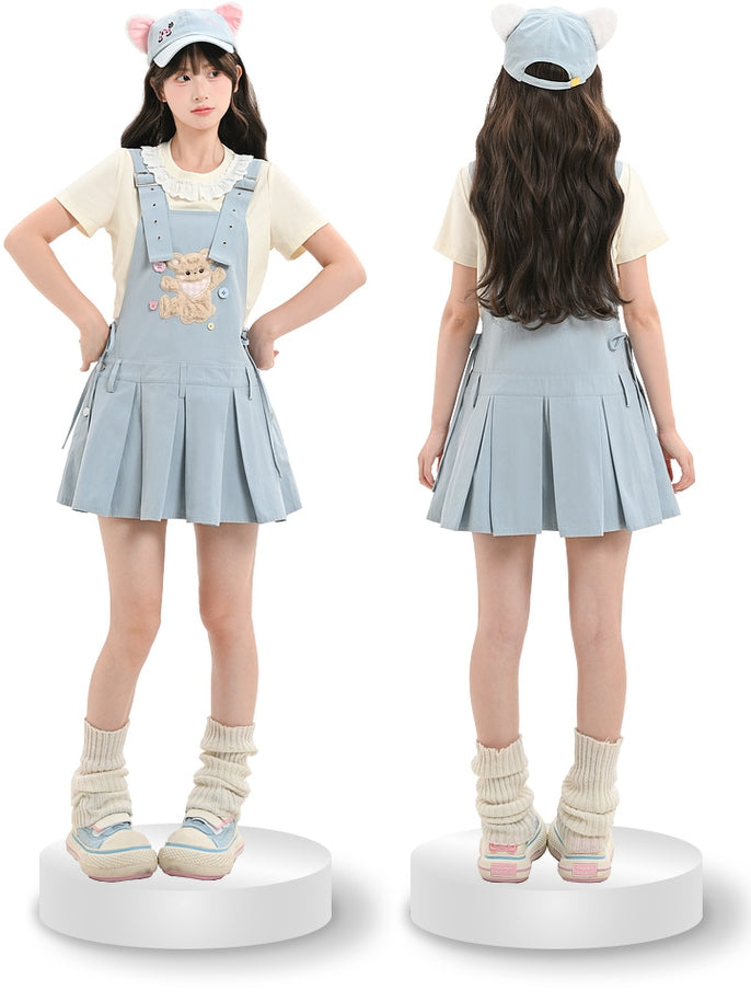 Adjustable Plush Bear Applique Blue Box Pleat Overall Dress Straps Shoulder