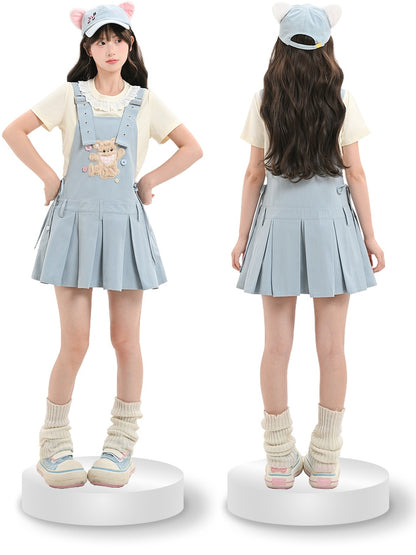 Verstellbare Plüschbär-Applikation, blaue Kellerfalte, Overall, Kleid, Träger, Schulter