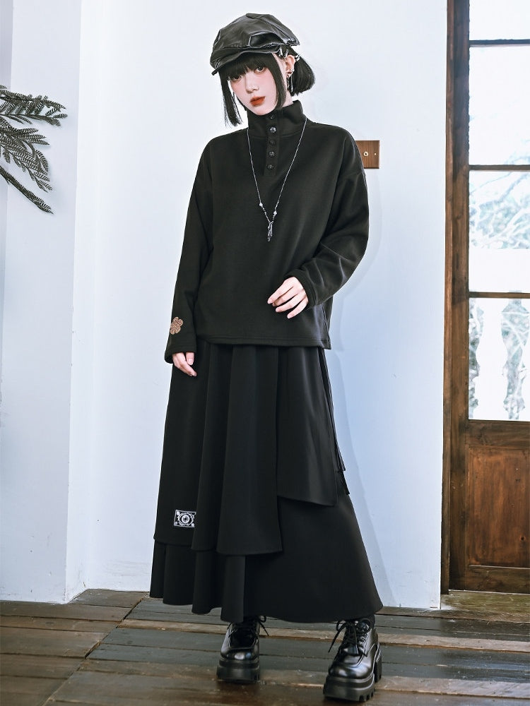 Long Sleeve Partial Placket - Gothic Black Neck Button Top Mock with Design