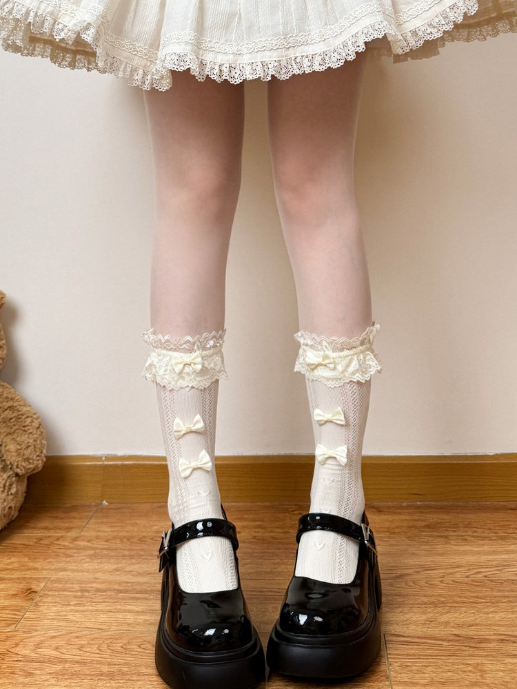 Lolita Calf Socks in Milk Yellow & White with Lace Trim & Bow Accents - Fat Bear Story