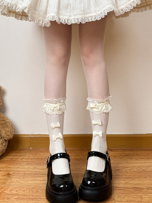 Lolita Calf Socks in Milk Yellow & White with Lace Trim & Bow Accents - Fat Bear Story