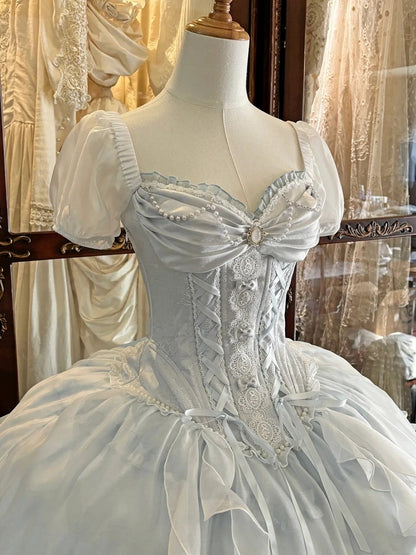 Blue Sweetheart Neckline Boning Corset Ribbon Bow OP Dress - Iris fleur